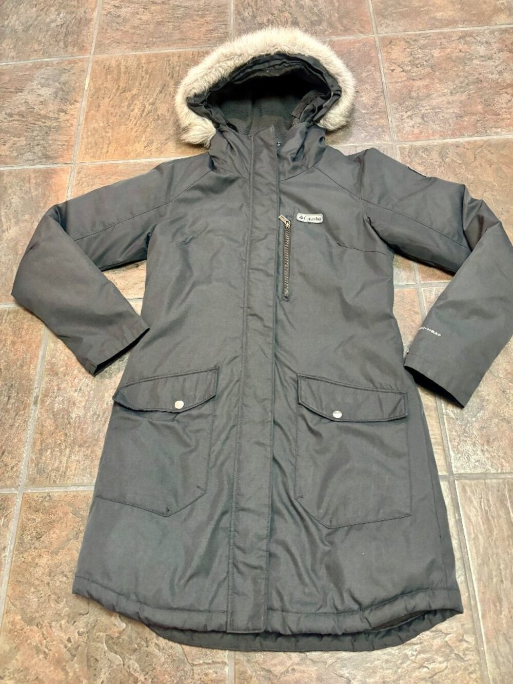 ~~Columbia Coat Women's S Gray Hooded Omni-Heat Parka Faux Fur Trim Warm.VGUC!!